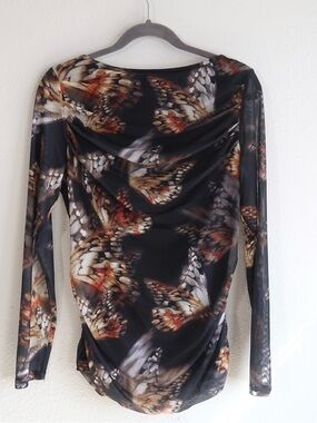 Y2K Diane Gilman Sheer Black Ruched Butterfly Print Long Sleeve Top